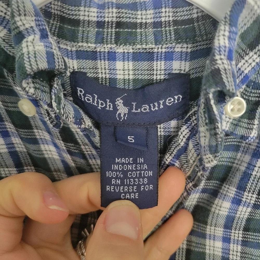 Polo Ralph Lauren 100% Cotton Long Sleeve Button Down Boys 5 Plaid Blue Green